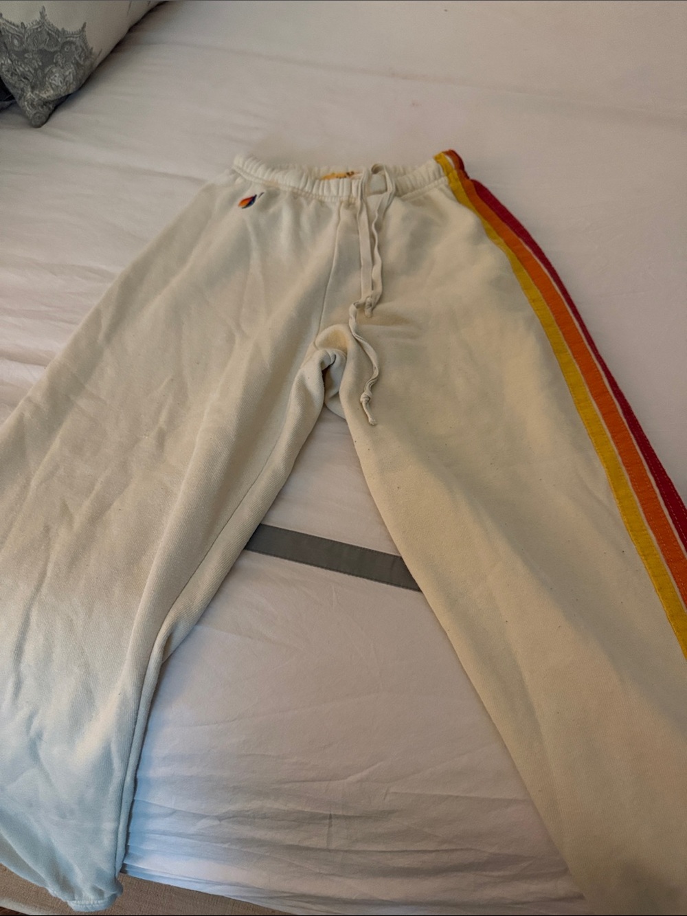 Aviator Nation Cream Sweatpants with Yellow and Orange Accent Stripes